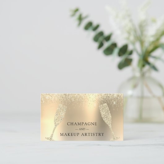 Champagner und Makeup Gold Foil Glitzer Visitenkarte (Stehend Vorderseite)