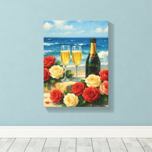 Champagner und Rose am romantischen Strand Leinwanddruck (Insitu (Holzboden))