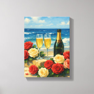 Champagner und Rosen am romantischen Strand Leinwanddruck
