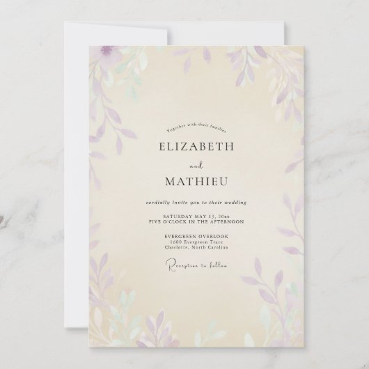 Champagner-Violette-Blatt-Eukalyptus-Hochzeit Einladung (Vorderseite)