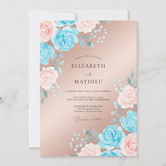 Champagnerblaue Blütenhochzeit Einladung (Vorderseite)