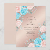 Champagnerblaue Blütenhochzeit Einladung (Vorne/Hinten)