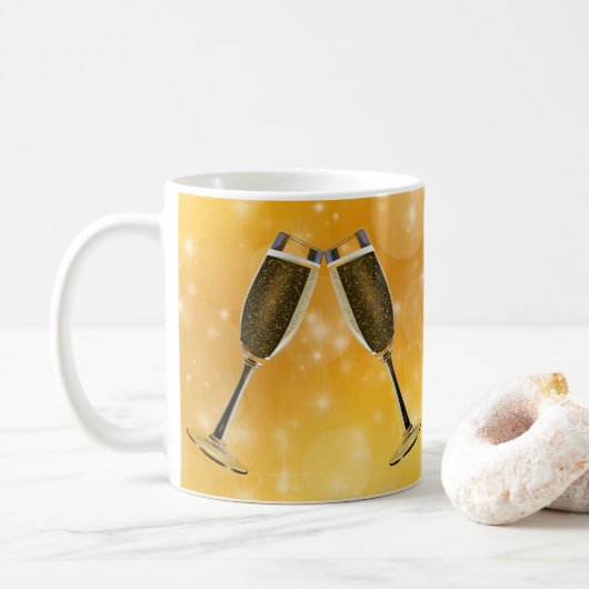 Champagnerbrille-Feier auf glänzendem Gold Kaffeetasse (Mit Donut)