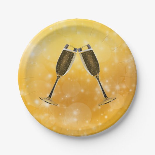 Champagnerbrille-Feier auf glänzendem Gold Pappteller (Vorderseite)