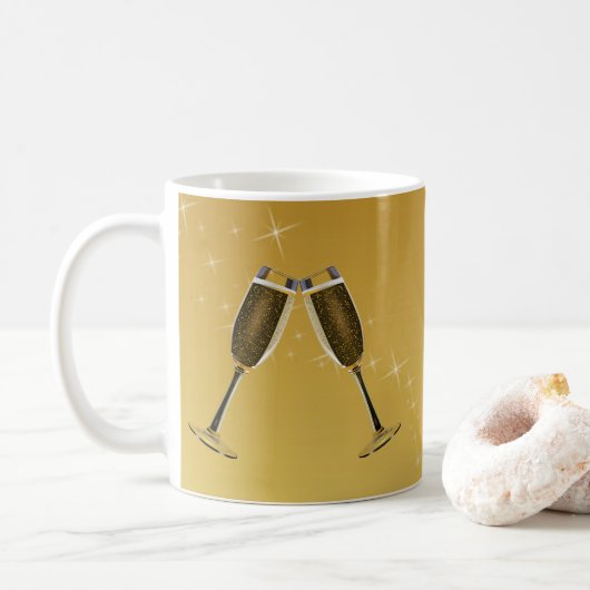 Champagnerbrille feiern auf Gold Kaffeetasse (Mit Donut)