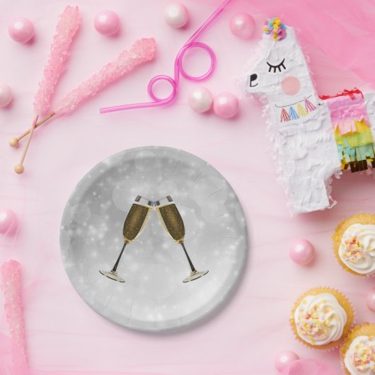 Champagnerbrille feiern Gold auf Silber Pappteller (Party)
