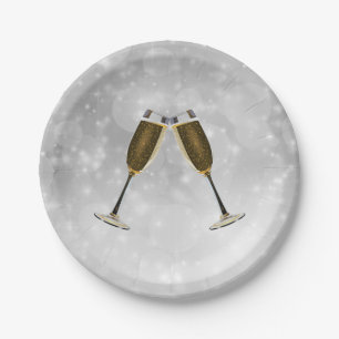 Champagnerbrille feiern Gold auf Silber Pappteller