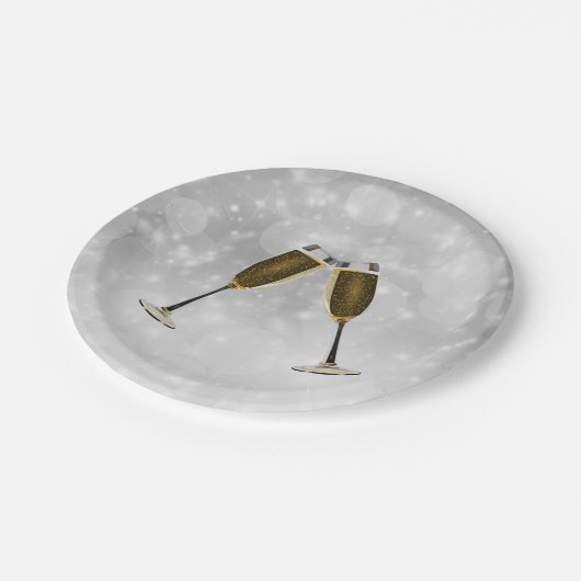 Champagnerbrille feiern Gold auf Silber Pappteller (Schrägansicht)