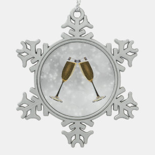 Champagnerbrille feiern Gold auf Silber Schneeflocken Zinn-Ornament