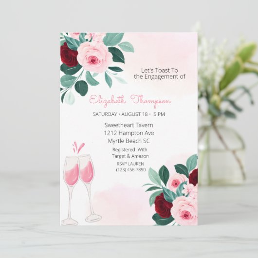 Champagnerbrille Toast Blumengebäck Brautparty in Einladung (Stehend Vorderseite)