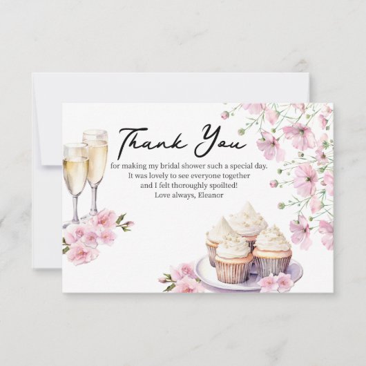 Champagnerbrille und Cupcakes Rosa Blume Dankeskarte (Vorderseite)