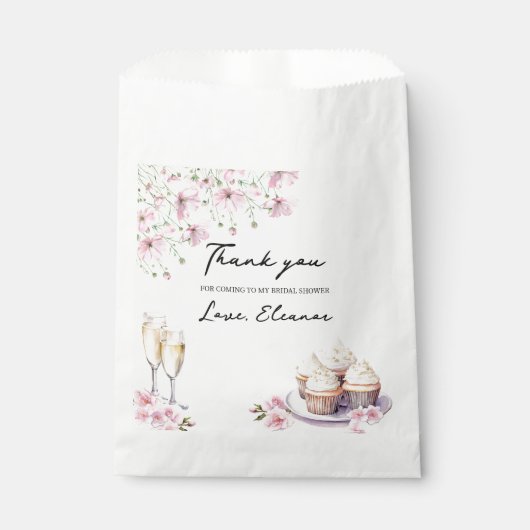Champagnerbrille und Cupcakes Rosa Wildblumen Geschenktütchen (Vorderseite)