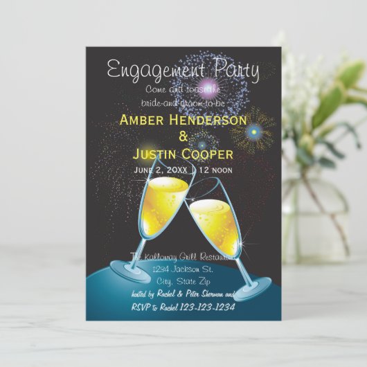 Champagnerbrille und Feuerwerk - Engagement Einladung (Stehend Vorderseite)