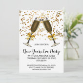 Champagnerbrille und Gold Confetti Silvester Einladung (Stehend Vorderseite)