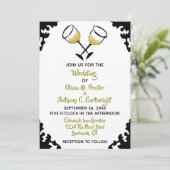 Champagnerbrille White and Gold Wedding Einladung (Stehend Vorderseite)