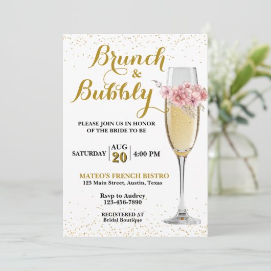 Champagnerbrunch und Brautparty mit Blasen Einladung (Stehend Vorderseite)