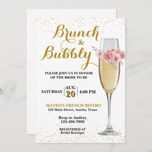 Champagnerbrunch und Brautparty mit Blasen Einladung (Vorne/Hinten)