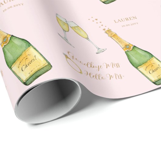 Champagnerflasche und Glas Rosa Brautparty Geschenkpapier (Rolleneckpunkt)