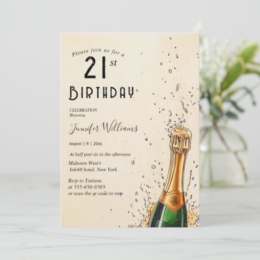 Champagnerflasche und Party zum 21. Einladung (Stehend Vorderseite)
