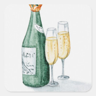 Champagnerflaschen und zwei Gläser Quadratischer Aufkleber