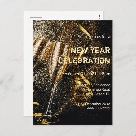 Champagnerflöten Neujahrsfeier Einladung (Vorne/Hinten)