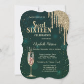 Champagnerglas,Gold Glitzer Tropfen,Sterne Süß 16 Einladung (Vorderseite)