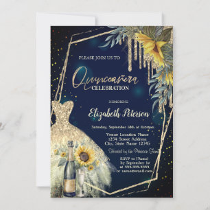 Champagnerglas,Kleid,Sonnenblumen Marineblau Einladung