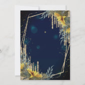 Champagnerglas, Kleid, Sonnenblumen Navy Blue Einladung (Rückseite)