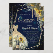 Champagnerglas, Kleid, Sonnenblumen Navy Blue Einladung (Vorne/Hinten)