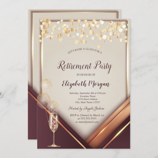 Champagnerglass Balloons Gold-Frame-Rente Einladung (Vorne/Hinten)