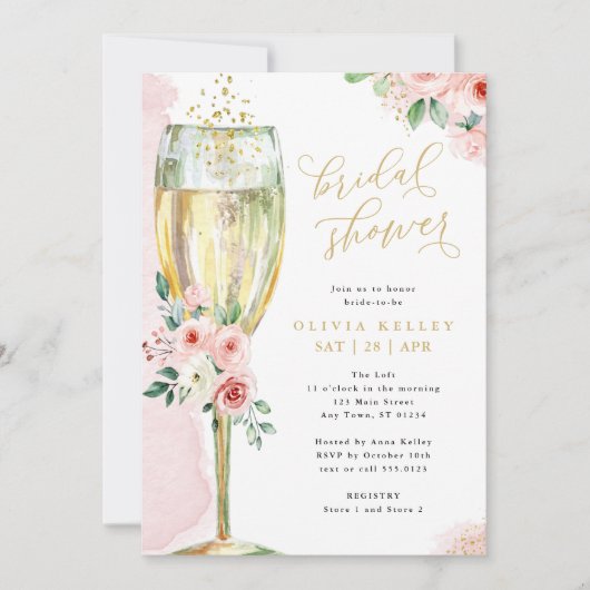 Champagnerglass Pink und Gold Brautparty Einladung (Vorderseite)