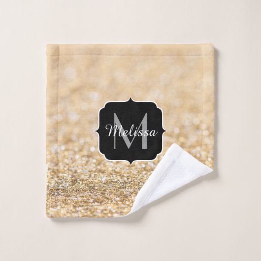Champagnergold Imitat Glitzer Glitzern Monogram Badhandtuch Set (Waschlappen)