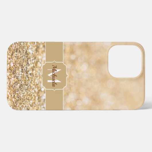 Champagnergold Imitat Glitzer Glitzern Monogram iPhone Hülle (Rückseite (Horizontal))