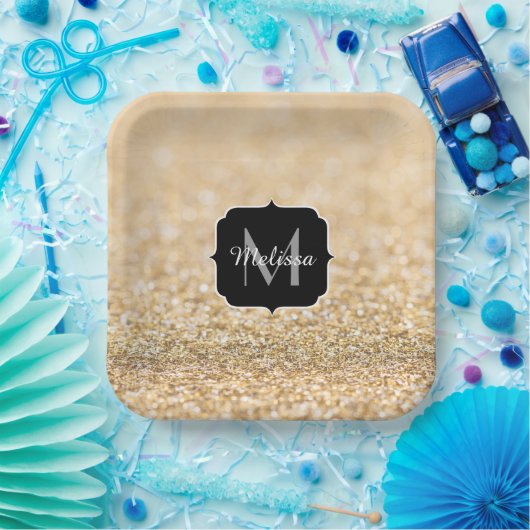 Champagnergold Imitat Glitzer Glitzern Monogram Pappteller (Party)