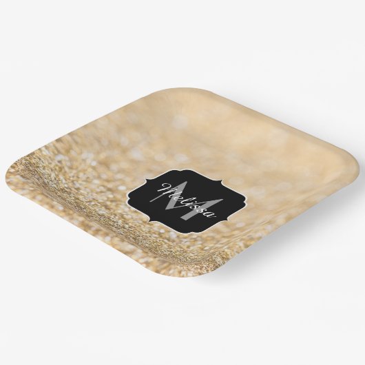 Champagnergold Imitat Glitzer Glitzern Monogram Pappteller (Gewinkelt)