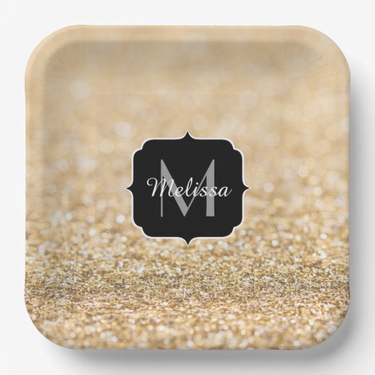 Champagnergold Imitat Glitzer Glitzern Monogram Pappteller (Vorderseite)