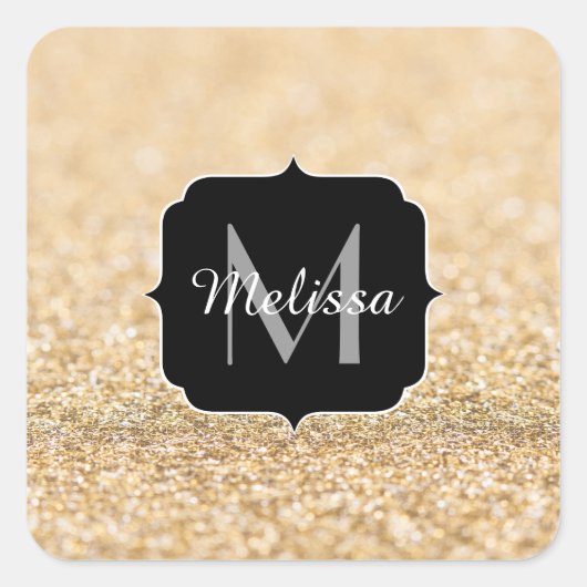 Champagnergold Imitat Glitzer Glitzern Monogram Quadratischer Aufkleber (Vorderseite)