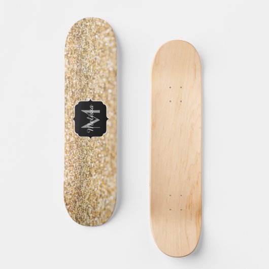 Champagnergold Imitat Glitzer Glitzern Monogram Skateboard (Vorderseite)