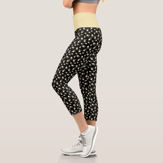 Champagnerherz über schwarz geprägtes Leaf-Muster Capri Leggings (Links)