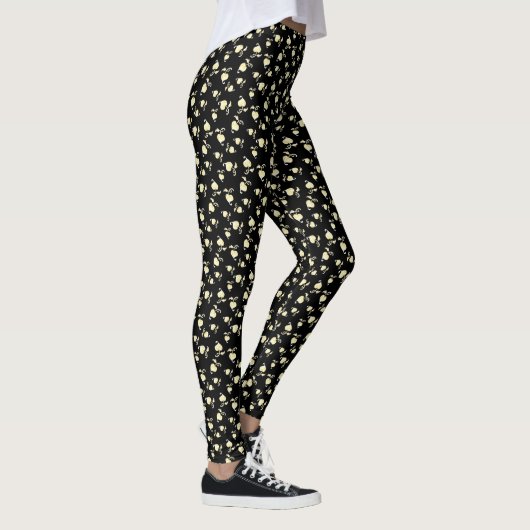 Champagnerherz über schwarz geprägtes Leaf-Muster Leggings (Rechts)