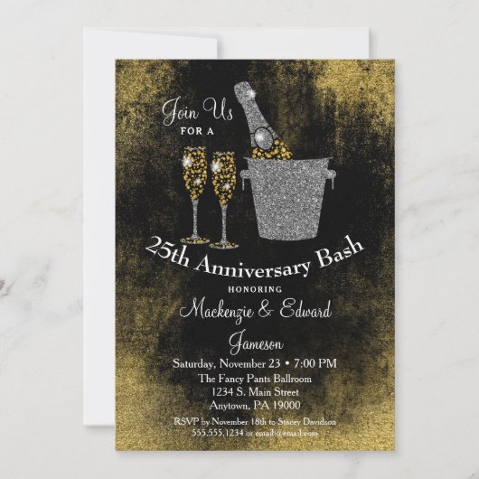 Champagnerjubiläum Einladung Black Gold Silver (Vorderseite)