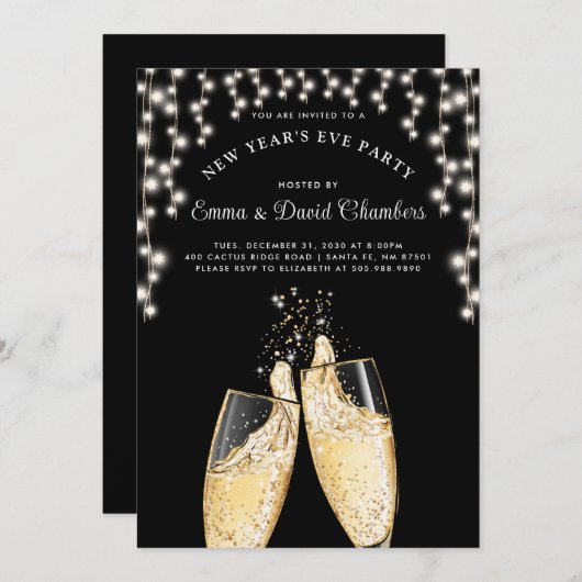 Champagnerleuchten im Neujahr auf schwarz Einladung (Vorne/Hinten)