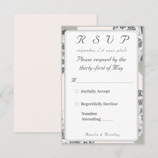 Champagnerrosa Spitzen-Hochzeitkarte RSVP Karte (Vorne/Hinten)