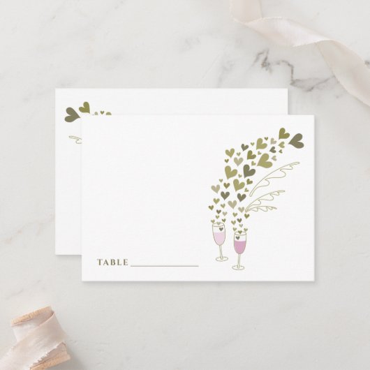 Champagnerschrei pinkfarben und schicke Goldherzen Platzkarte (Vorderseite/Rückseite Beispiel)