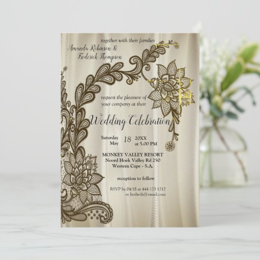 Champagnerseide mit goldener Spitze Einladung (Stehend Vorderseite)
