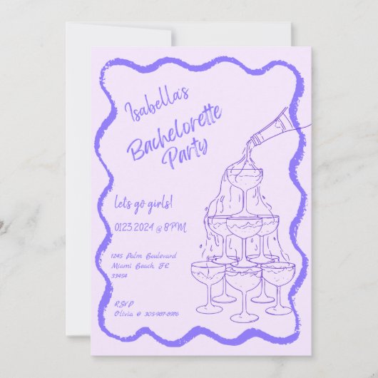 Champagnerturm Handgezeichneter Junggeselinnen-Abs Einladung (Vorderseite)