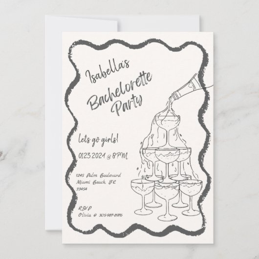 Champagnerturm Handgezeichneter Junggeselinnen-Abs Einladung (Vorderseite)