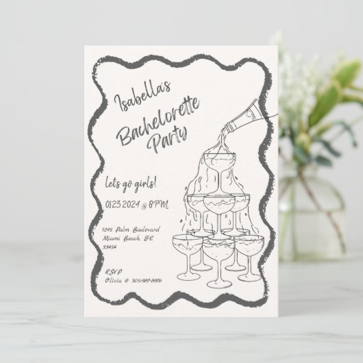 Champagnerturm Handgezeichneter Junggeselinnen-Abs Einladung (Stehend Vorderseite)