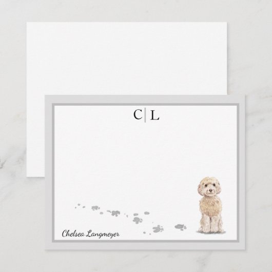 Champaign Cockapoo Dog Gray Border Monogram Name Mitteilungskarte (Vorne/Hinten)
