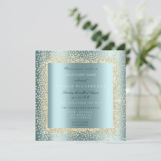 Champaigne Gold Glitzer Black Aqua Blue Confett Einladung (Stehend Vorderseite)